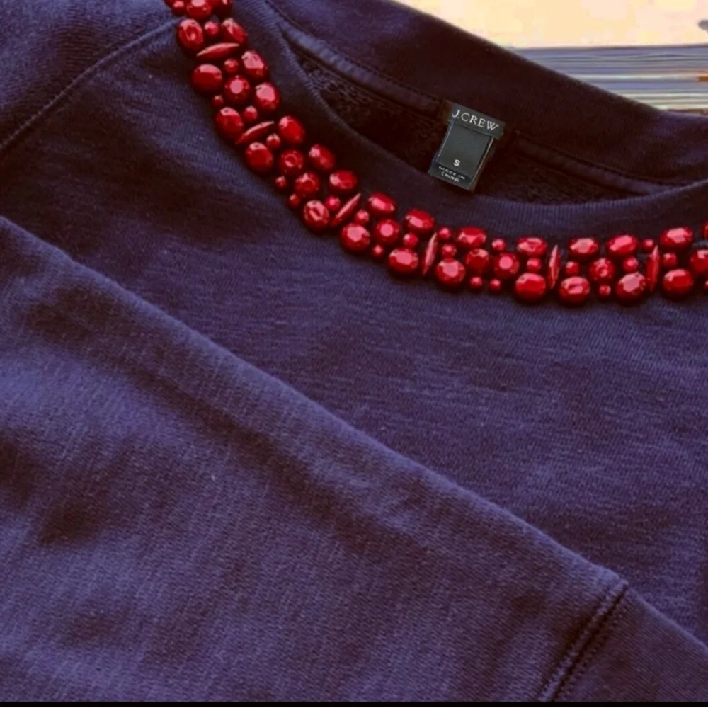 J. Crew Navy Crew Neck Sweatshirt with Red Stone Embellishments Sz S